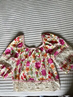 Rachel Zoe Cream Floral Lace-Trim Peasant Blouse — Pink & Orange Flowers